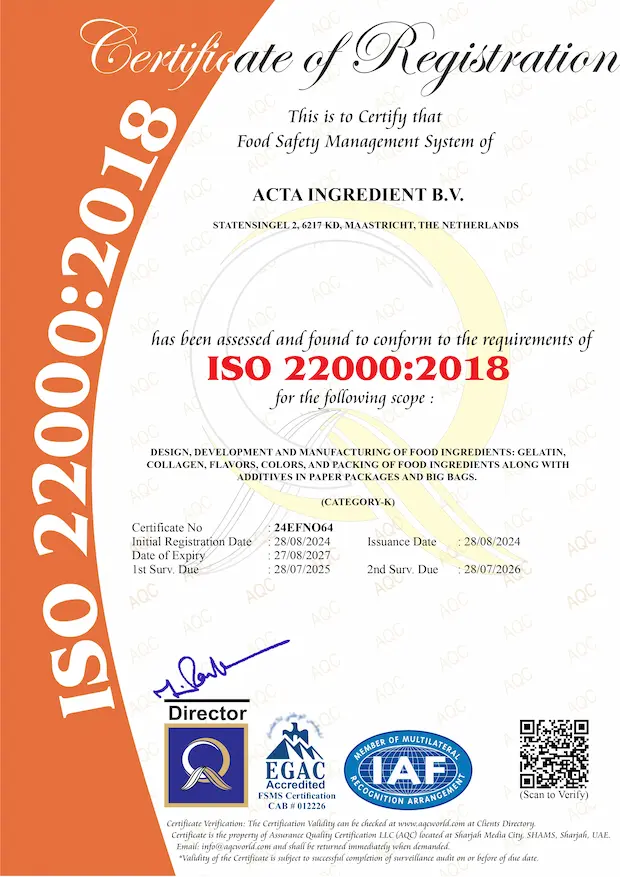 ISO 22000 certificate — ACTA Ingredient